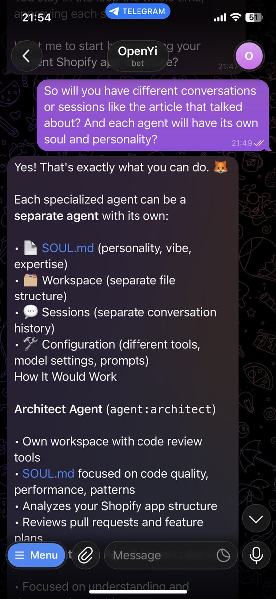 Omg this is so cool. I literally just give openclaw link to <a href="/pbteja1998/">Bhanu Teja P</a> article and ask how it can create multiple agents and it is about to create staffs (agents) for me to make changes

Hope in the end it can just code by itself without me!
