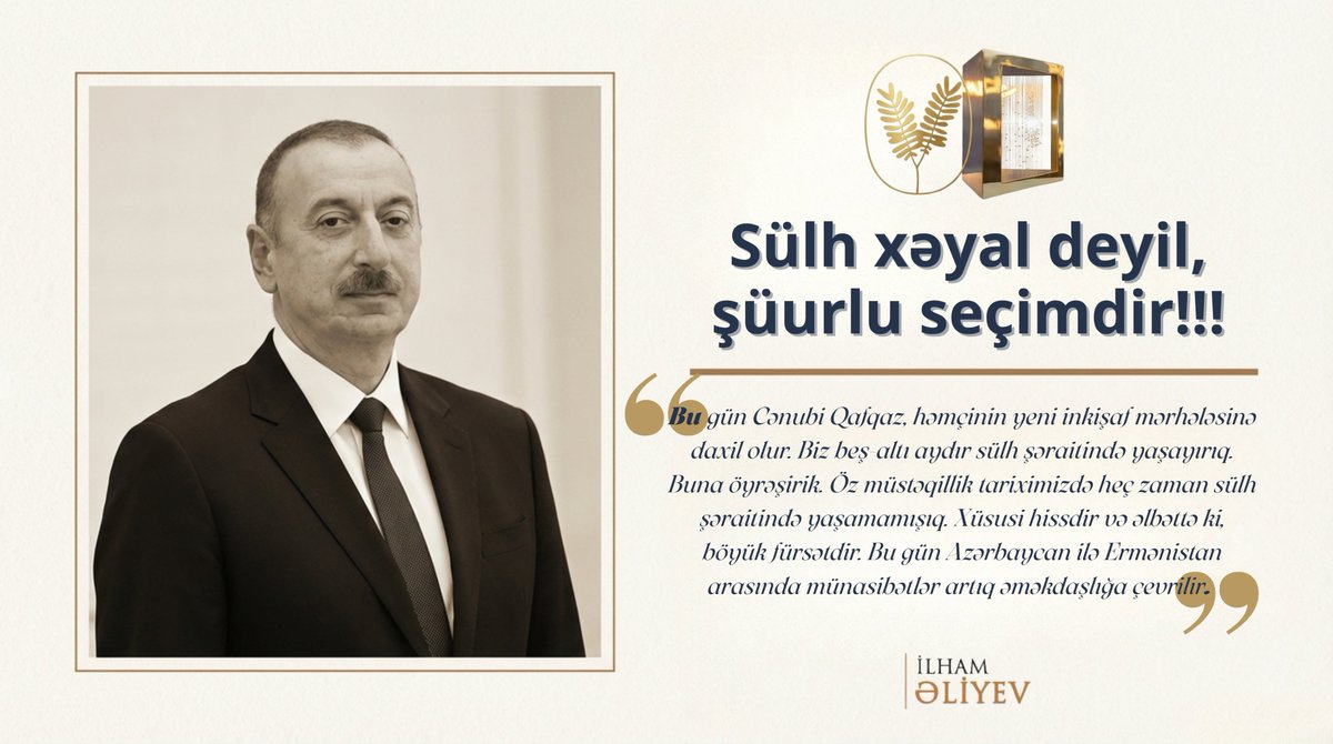 Familoglu's tweet photo. Prezident İlham Əliyevə  "Zayed İnsan Qardaşlığı Mükafatı"-nın təqdim edilməsi 2025-ci avqustunda Vaşinqtonda paraflanan #Ermənistan-#Azərbaycan sülh sazişinin və #Qafqaz regionunda formalaşan yeni geosiyasi situasiyanın legitimliyinin tanınmasıdır.
#Azerbaijan #Armenia #Caucasus https://t.co/f06BXCyRXv