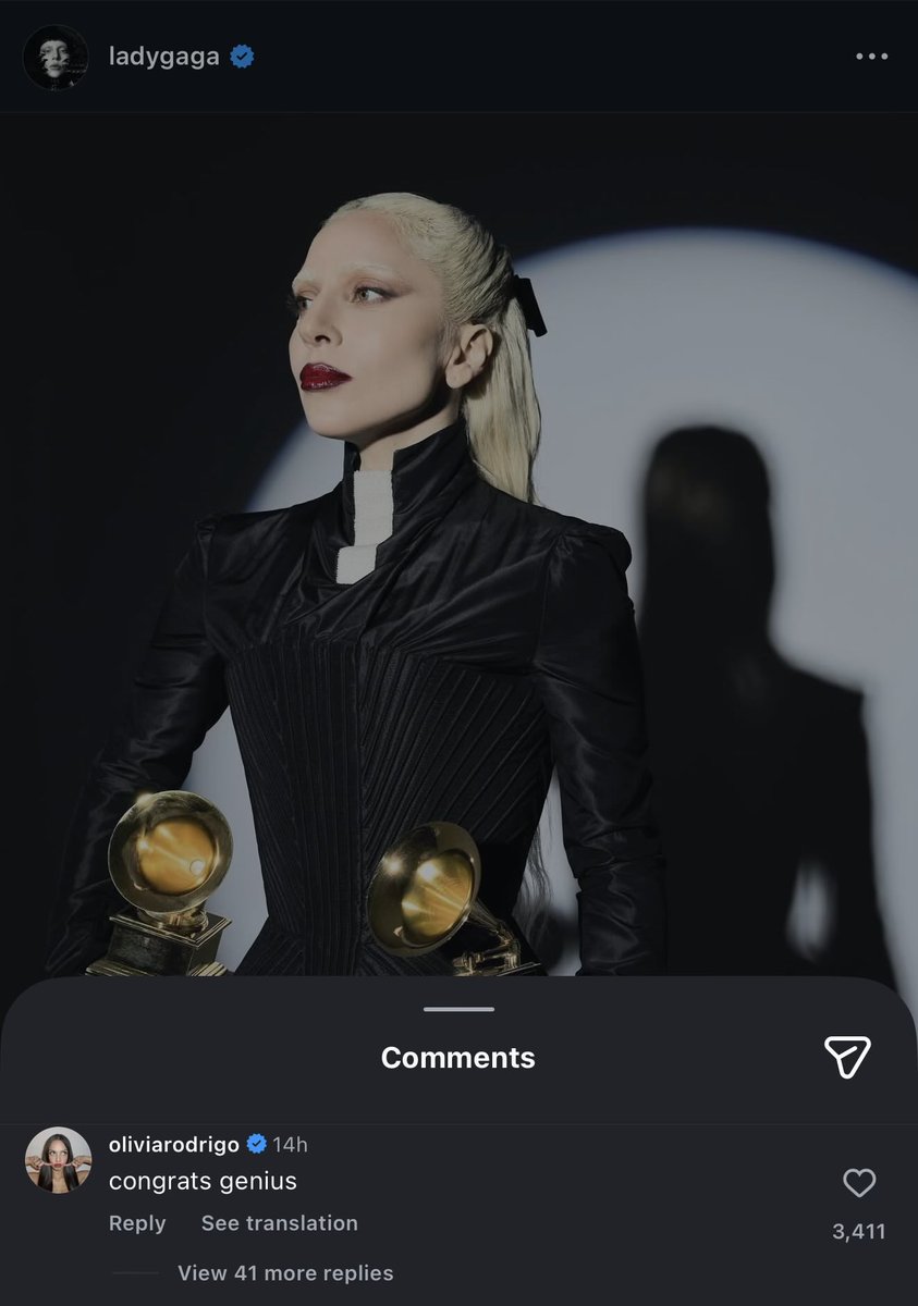 Olivia commented on Lady Gaga’s Instagram post!

“congrats genius”