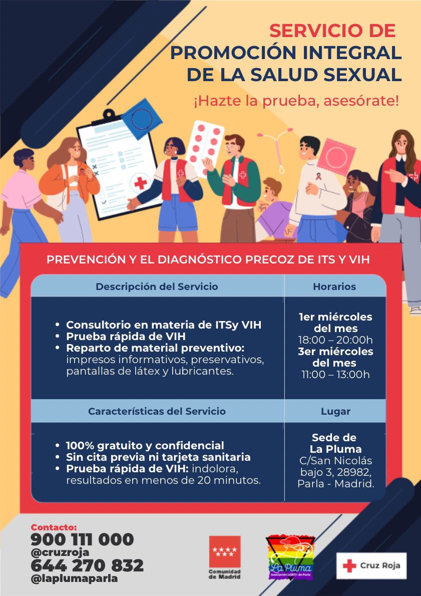 laplumaparla's tweet image. 🔴 Hazte la prueba rápida de #VIH, consulta sobre otras #ITS y llévate información, pr3servat1vos, lubr1cant3s, etc.

✅ 100% gratuito, confidencial y sin cita previa. ESTA TARDE, 18:00 a 20:30h en nuestra Sede #Parla.

ℹ️ Colab #CruzRojaParla. Más info: laplumaparla.org/evento-calenda…