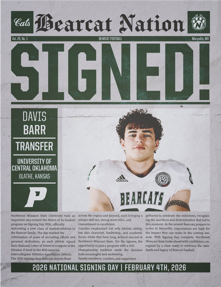 NWBearcat_FB's tweet image. 🚨SIGNED. SEALED. DELIVERED. 🚨
Distance. Hang time. Control.  Welcome Punter Davis Barr to the squad!!! Let's get to work!!!
#CATSONTHERISE #GOOD𝟐𝟔REAT #EARNEDNOTGIVEN