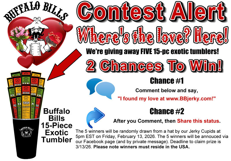 ❤️🔥 CONTEST ALERT: Where’s the LOVE?! Right HERE! 
We’re spreading the jerky love and giving YOU 2 chances to win one of FIVE Buffalo Bills 15-Piece Exotic Tumbler Packs! 😍🥩

Love jerky? Love winning? This one’s for you ❤️
Good luck from our Jerky Cupids! 💘🥩

#jerkyrules