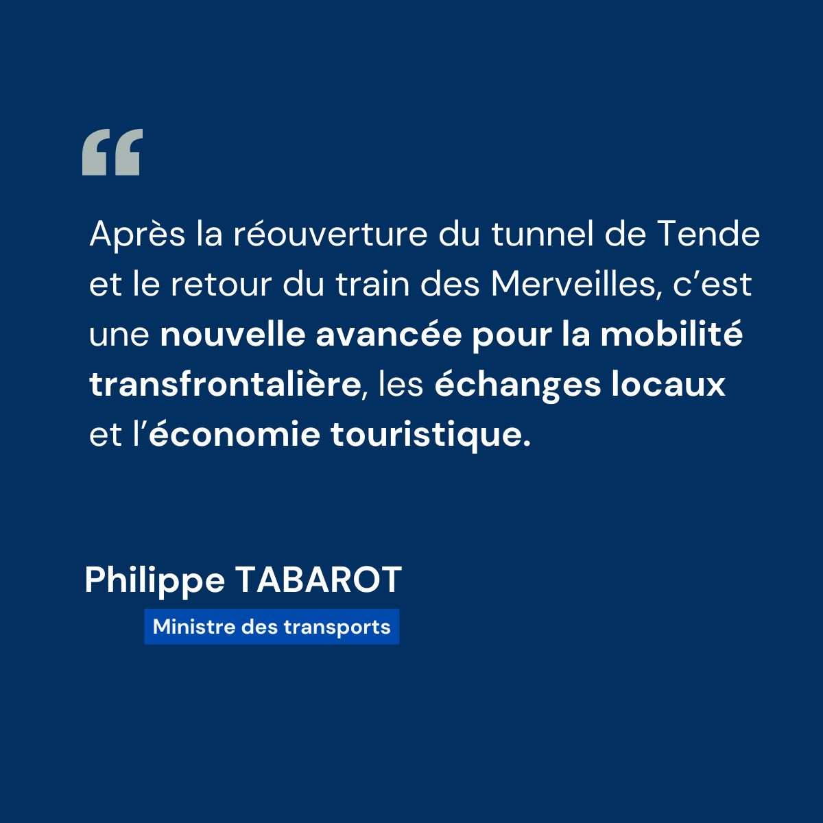 PhilippeTabarot's tweet photo. Heureux d’avoir présenté ce matin en Conseil des ministres le projet de loi de ratification de la convention franco-italienne pour la ligne ferroviaire Coni-Breil-Vintimille, aux côtés de mon collègue Jean-Noël Barrot.

Depuis mon arrivée au Gouvernement, j’ai fait de cette ratification une priorité pour sécuriser les investissements et moderniser cette liaison stratégique, dont la section centrale dessert en France les gares de Tende et Breil-sur-Roya.

Cette nouvelle convention va permettre d’engager les travaux nécessaires pour améliorer durablement le niveau de service sur l’ensemble de la ligne, au bénéfice des habitants du territoire.

Prochaine étape : l’examen au Parlement de ce texte majeur pour la relation franco-italienne et pour la vallée de la Roya.

Retrouvez notre communiqué de presse : https://t.co/27db55dyVt

@jnbarrot