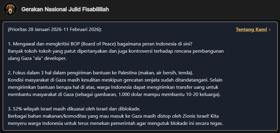 BERITA PENTING
Core volunteer Julid Fi Sabilillah dibuka kembali!
Buat teman-teman yang ingin aktif dalam advokasi Palestina dan juga memperoleh update terkini soal Palestina, mari bergabung di sini.
julidfisabilillah.org/sources