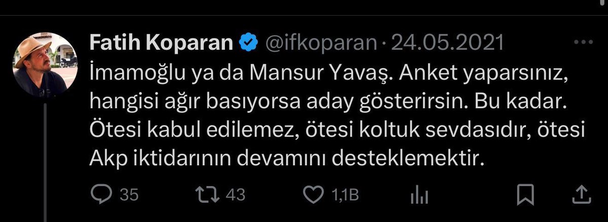 Siz demli abilerinizin emriyle pironuzun peşinden koşup seçimi akp'ye hediye etmeden önce ben Ekrem İmamoğlu ya da Mansur Yavaş aday yapılmalı yazdım ve binlerce defa tekrarladım. Bunu yapsaydınız İmamoğlu bugün hapiste olmazdı. Bugün yaşananların hiçbiri yaşanmazdı.