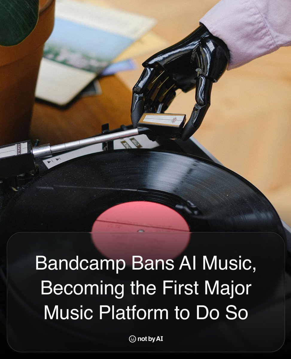 "We're putting human creativity first." 

Bandcamp announced it now bans AI-generated music "so musicians can keep making music." Hopefully Spotify, Apple Music, SoundCloud, and others are inspired to follow. 🤞🏻

#NotByAI