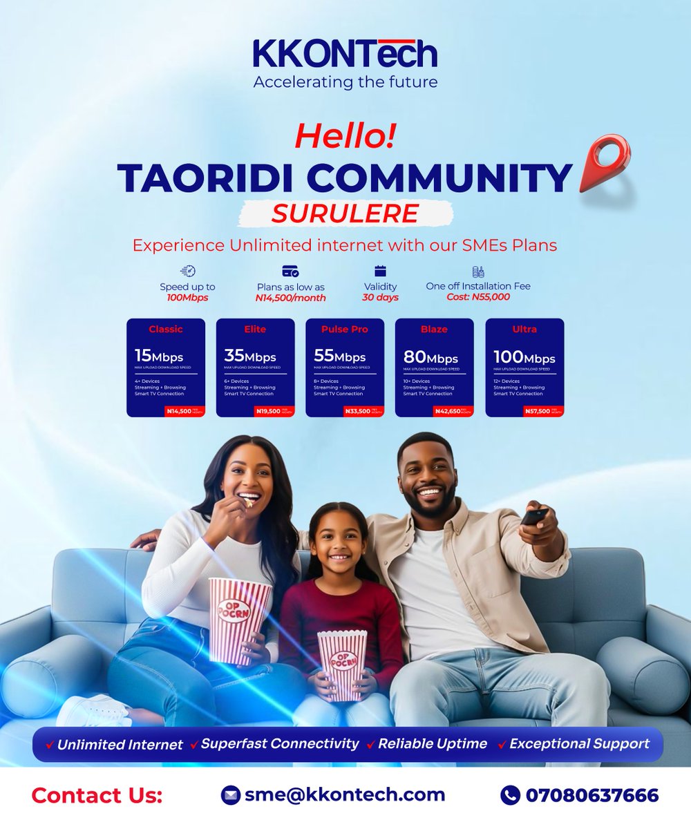 kkontechng's tweet photo. Hello Taoridi Surulere, 
KKONTech Unlimited Fiber Internet is now in Taoridi. 

Enjoy Unlimited Fiber Internet with Superfast Speed. 
Call: 07080637666 or
https://t.co/sIV3TiWXpH https://t.co/PxvhT9826I