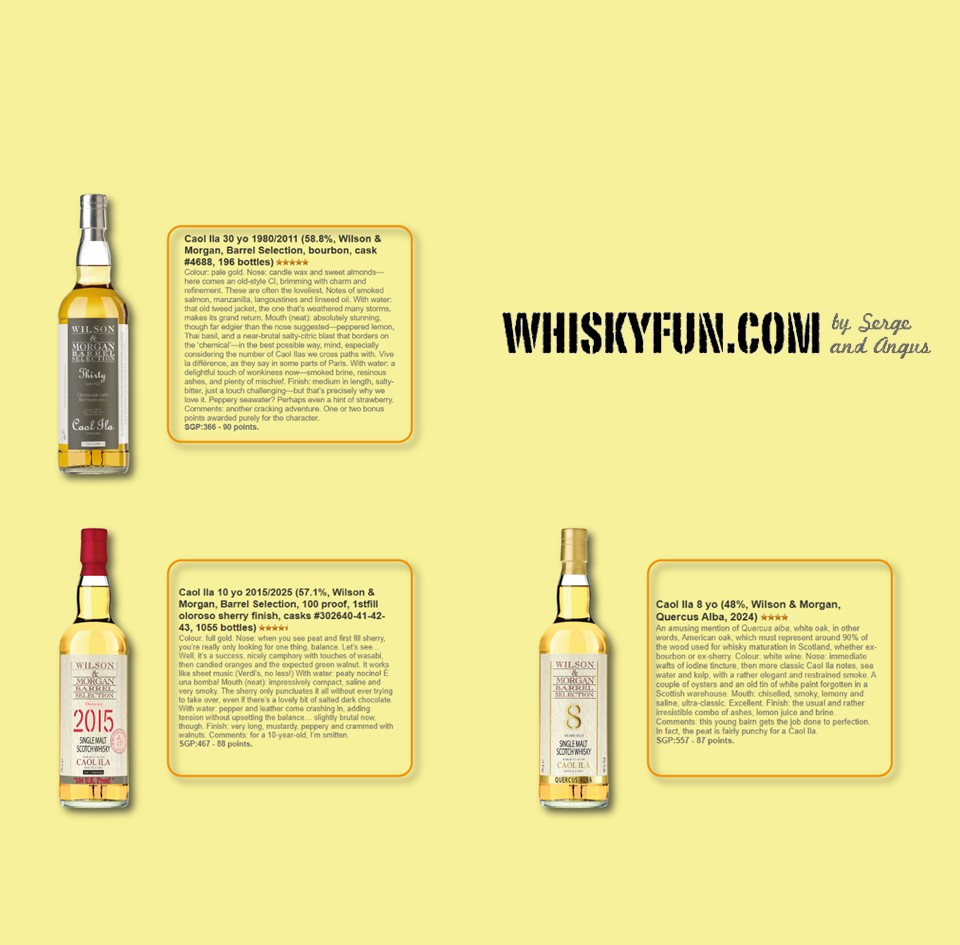 rossierossidoc's tweet photo. #Whiskyfun 
87 points: W&amp;M543 Caol Ila 8yo Quercus Alba (48,0%)

88 points: W&amp;M578 Caol Ila 2015-25 Sherry Finish Oloroso - 100 U.K. Proof (57,1%)

90 points: W&amp;M94 Caol Ila 30yo 1980-11 Bourbon cask (58,8%) https://t.co/OZugcnsAw8