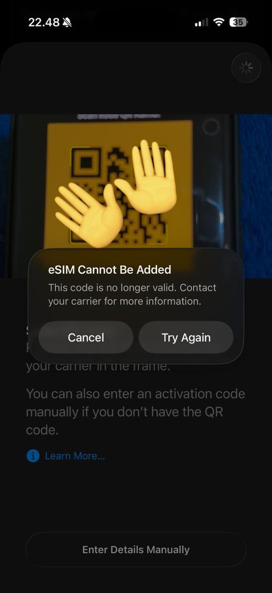 ChairulRzl's tweet photo. @XL_Prioritas @myXLCare halo, saya baru beli esim dari website XL prioritas. Tp pas scan barcode muncul spt di foto. Saya mau add manual tp di email ga ada info SM-DP+, activation code dan confirmation code. Sudah WA ke CS tidak ada balasan. XL care di kabupaten saya tidak ada. https://t.co/CfxhKPOxcQ