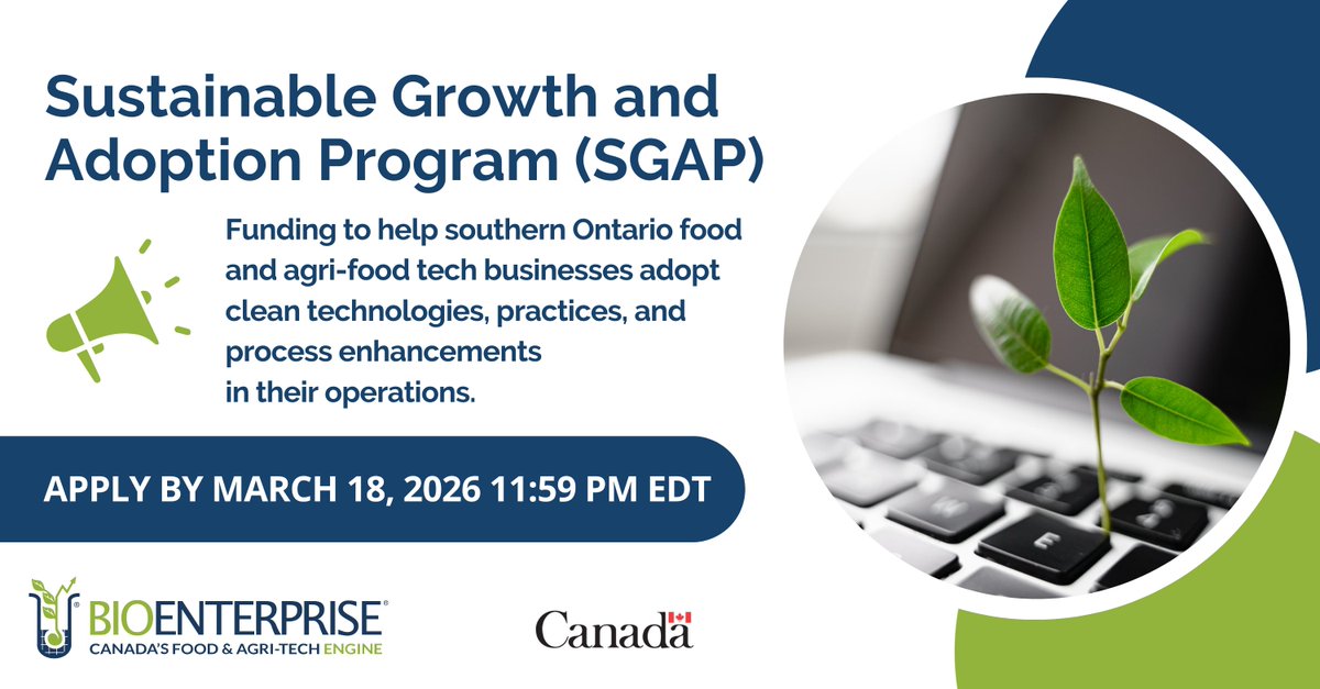 BioenterpriseCA's tweet photo. Calling all food and agri-food tech businesses in southern ON! Ready to embrace greener operations? 🌱Round 3 of #SGAP is open for intake with up to $100K of funding per project. Supported by #GC through @FedDevOntario 🇨🇦.
➡️ Learn more: https://t.co/UealXPeDQW
#CleanGrowth https://t.co/FbFfTB5W8k