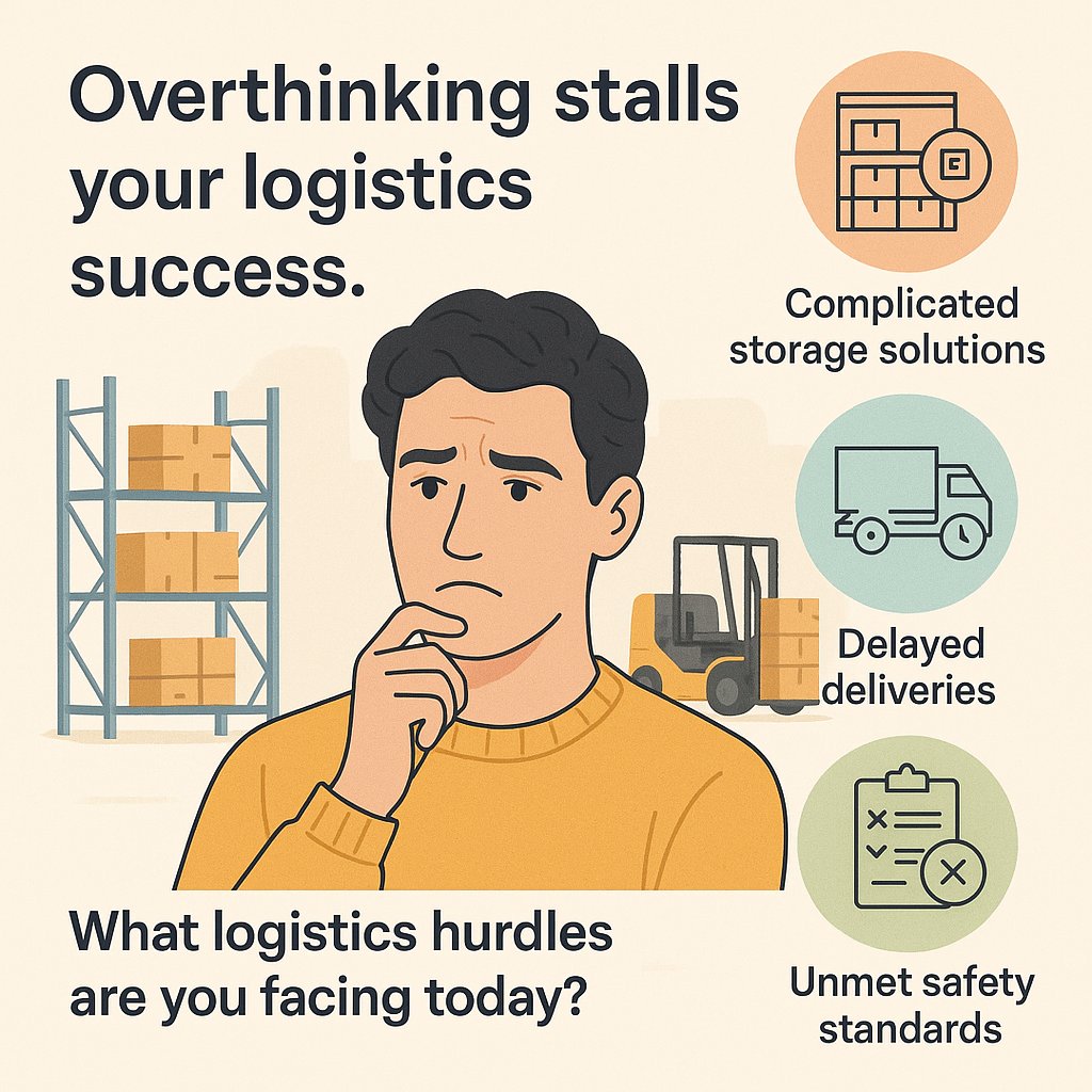 Overthinking stalls your logistics success.  

You don’t need:  
• Complicated storage solutions.  
• Delayed deliveries.  
• Unmet safety standards.  

Smart warehousing keeps your goods moving.  

What logistics hurdles are you facing today?