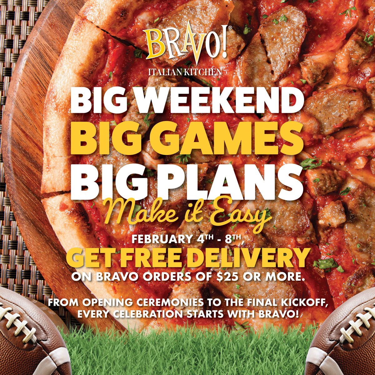 From winter sports action ❄️ to the biggest game of the season 🏈
Dinner’s covered with FREE delivery on orders $25+, NOW through the Weekend! 🍝
#GameDayFood #ItalianComfort #FreeDelivery #BravoItalianKitchen