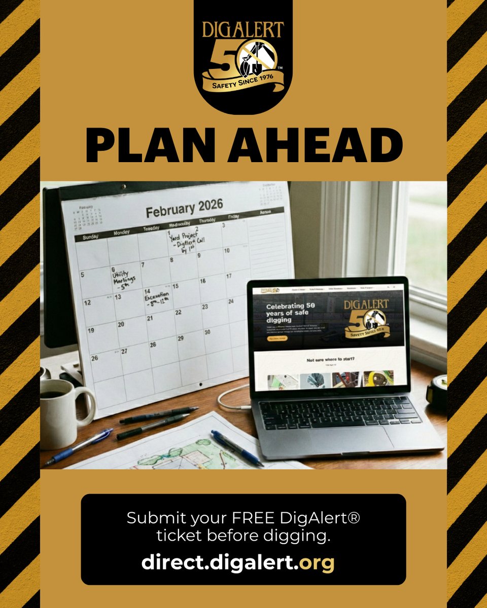 Planning a project this month?

Plan ahead! You can submit a DigAlert® ticket up to 14 days in advance, helping keep your projects on schedule.

direct.digalert.org 

#projectplanning #utilitymarking #811awareness