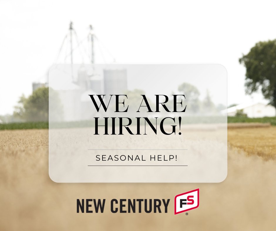 Seasonal opportunities are coming soon at New Century FS! Looking for a hands-on role supporting agriculture? Openings will be available at multiple locations across our territory. Keep an eye on our job board at newcenturyfs.com for upcoming postings. 🌱🌾