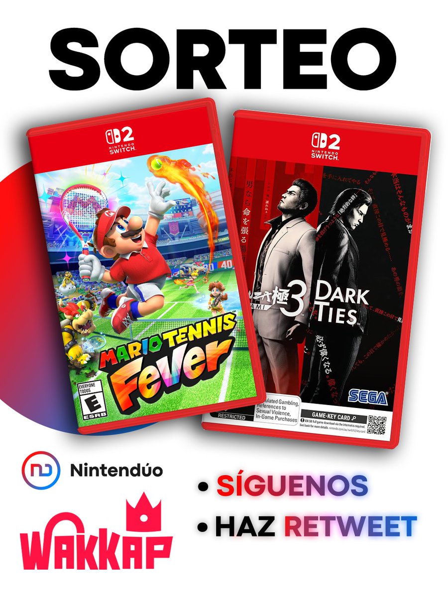 Nintenduo's tweet image. 🎾 ¡SORTEO de Mario Tennis Fever o Yakuza Kiwami 3 para Nintendo Switch 2! 🐲

✅ Sigue a @Nintenduo y a @Wakkapoficial
✅ Haz Repost a este Post

El ganador podrá elegir entre uno de los dos juegos.

¡Mucha suerte a todos!