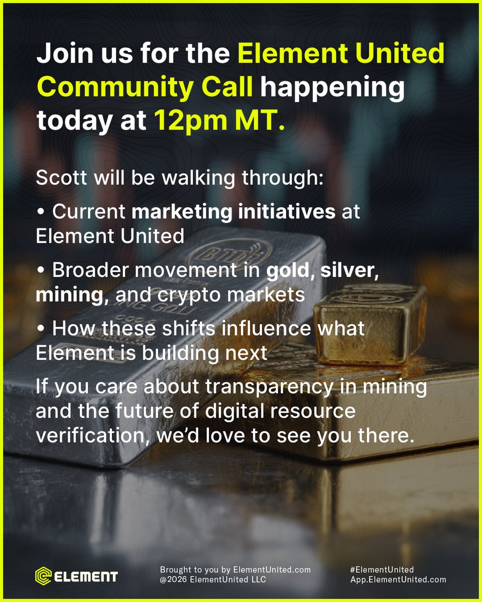Join us for the Element United Community Call happening today at 12pm MT.
Scott will be walking through:

• Current marketing initiatives at Element United
• Broader movement in gold, silver, mining, and crypto markets
• How these shifts influence what Element is building next