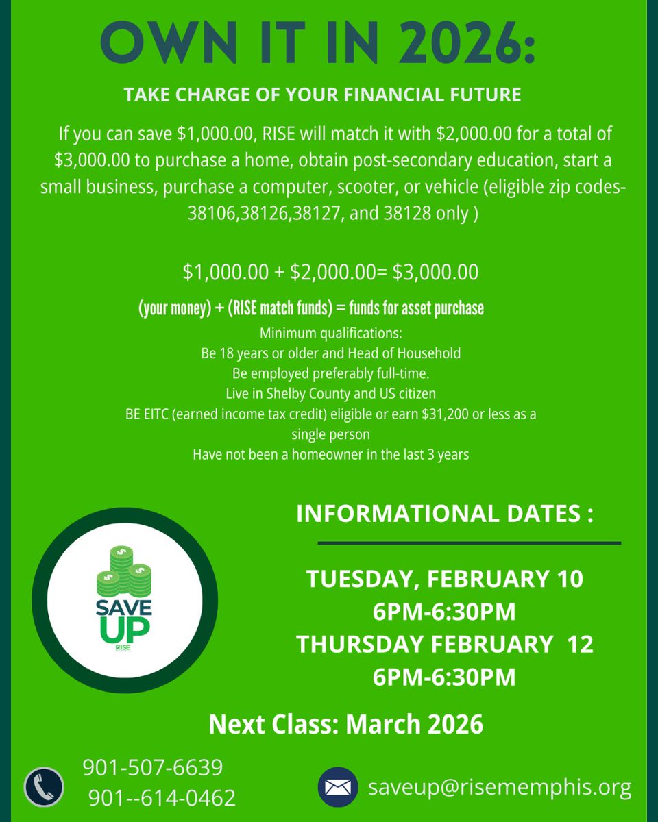 SAVE UP Classes will return March 2026 💰
If you’re ready to build better financial habits and work toward goals like homeownership, education, starting a business, or transportation, now is the perfect time to get started.

bit.ly/SAVEUP901
