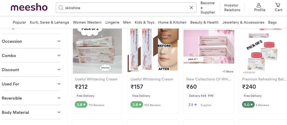 arunesh1998's tweet photo. @Meesho_Official @meesho_support @snapdeal Many whitening creams like Elosone HT and Skinshine which are under SCHEDULE H are available in your platforms. Many patients are using these creams and presenting to OPD with irreversible skin damage. kindly look into it. #steroidabuse https://t.co/0T0OsQQWvZ