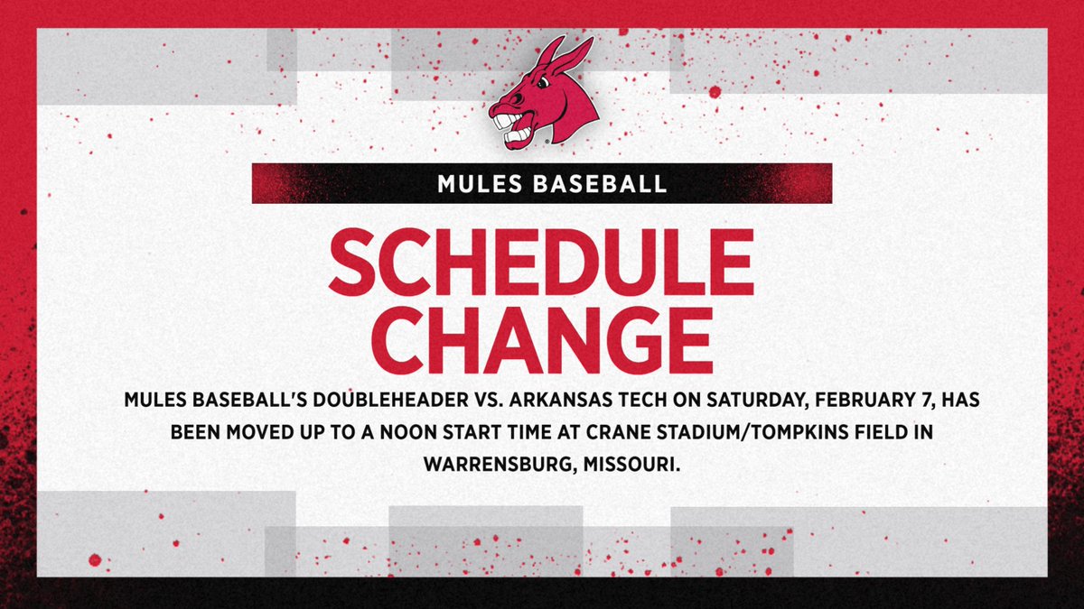 SCHEDULE UPDATE

Saturday's doubleheader at Crane Stadium/Tompkins Field against Arkansas Tech will now start at noon instead of 1 p.m.

Updated series schedule vs. Ark. Tech:

Friday, Feb. 6: 3 p.m.
Saturday, Feb. 7: Noon (DH)
Sunday, Feb. 8: 1 p.m.

#teamUCM x #RollStable