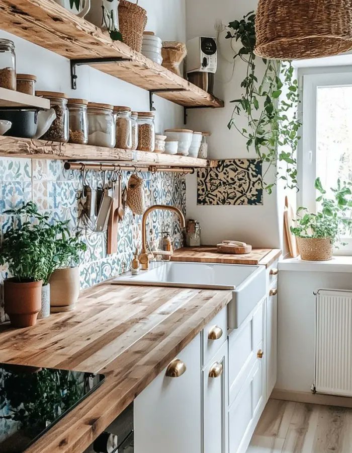 TheLemeDecor's tweet image. A boho kitchen with wooden countertops, open shelves, trailing plants, patterned tile backsplash, and decorative jars creates a warm, rustic, and naturally charming atmosphere.
#BohoKitchen #RusticInteriors #HomeDecor #KitchenDesign #NaturalCharm
