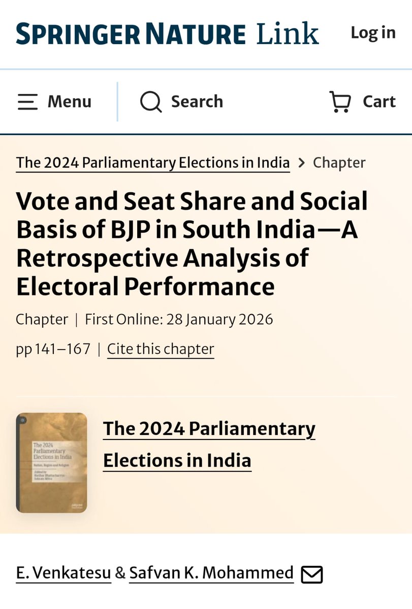 uohpolsci's tweet photo. @evs1031, faculty, and @kmohdsafvan, PhD Scholar @uohpolsci, have co-authored a chapter "Vote and Seat Share and Social Basis of BJP in South India", in "The 2024 Parliamentary Elections in India".

Read here:
https://t.co/ad3Q2T8uTk
@HydUniv @School_SocialSc @CommunitasPolSc https://t.co/V9f4voXdHO