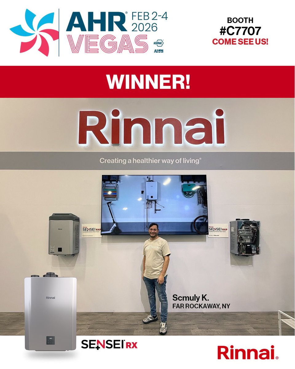 Rinnai's tweet photo. We have a winner at AHR 2026!

Congratulations to Scmuly Kraus, from Far Rockaway, N.Y.! For stopping by our booth (C7707) he won a Rinnai SENSEI® RX, including installation!

Stop by and explore a few of the latest Rinnai product innovations.

https://t.co/x5k8GiCxoi 

 #Rinnai https://t.co/bRIYFLdDGc