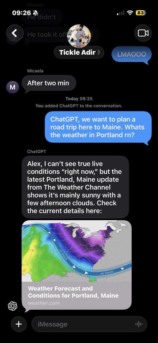 realalexkim's tweet image. Added @ChatGPTapp to my group chat today because of @TwoThumbsAI. 

Time for that roadtrip to Maine soon.