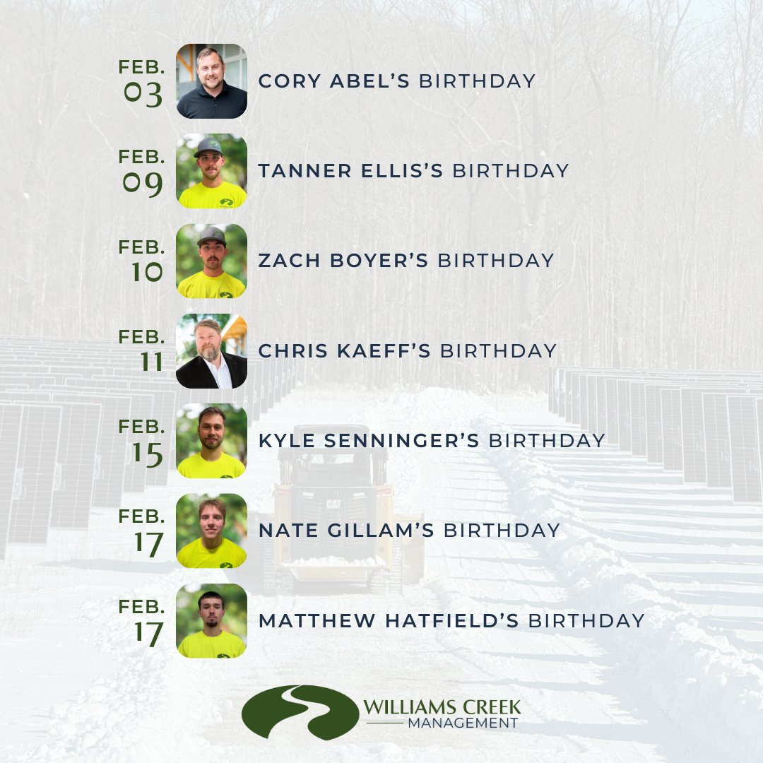February may be a short month, but it is filled with Williams Creek birthdays! Join us in celebrating Cory, Tanner, Zach, Chris, Kyle, Nate, and Matthew!

#WilliamsCreek #WilliamsCreekTeam #TeamCulture #HappyBirthday