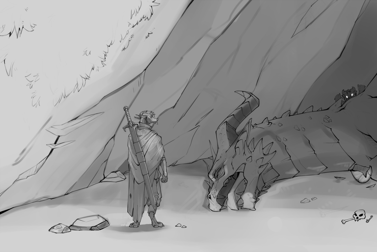Not all secret caves contain treasures, or even fun things to scavenge for. Sometimes they have an unfortunate little story no one will ever get to learn about.  

Here's Friedrich stumbling upon a poor dragon mama who's time has come. And someone who;
s soon to have a new family