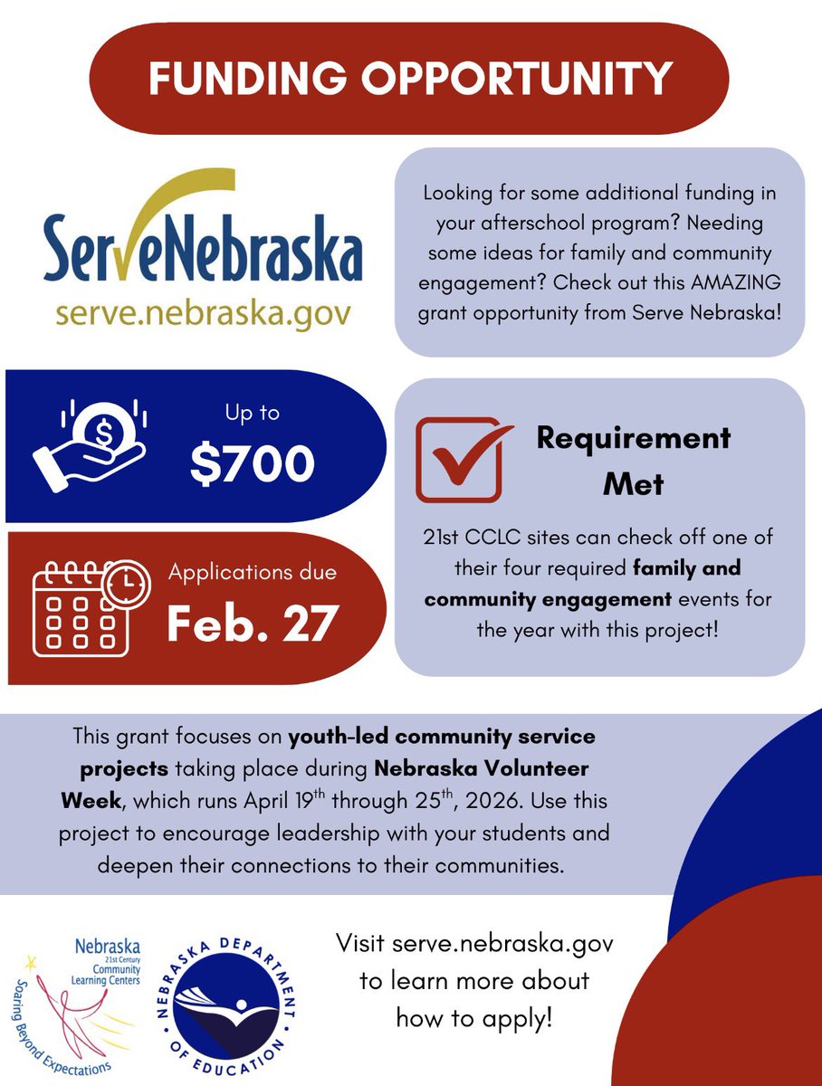 NDE_GOV's tweet image. FUNDING ALERT: New grant from Serve Nebraska! Up to $700 in grant funding for youth-led community service projects. Closes Feb. 27. Visit serve.nebraska.gov for more info! #grantopportunity #funding #afterschool @ServeNE