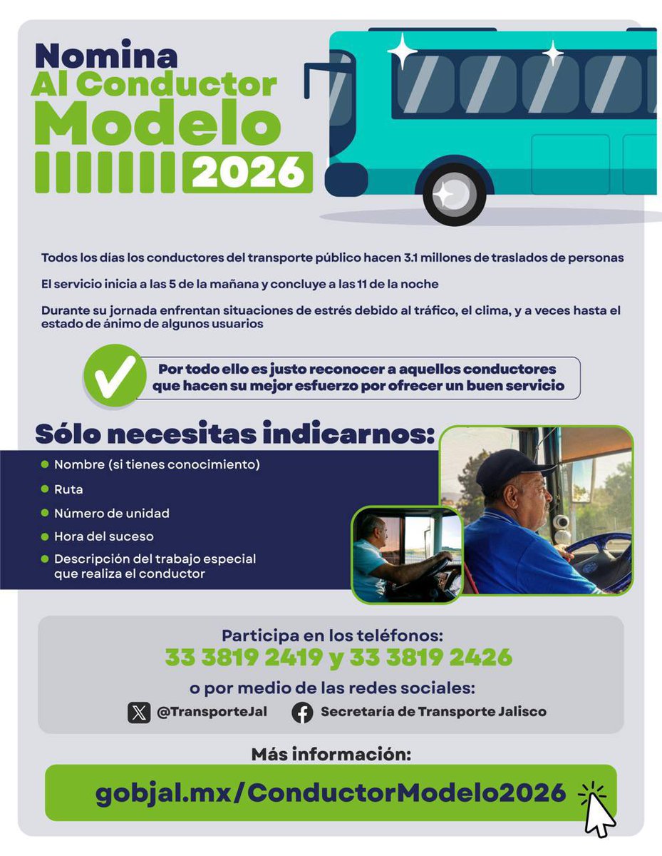 TransporteJal's tweet photo. 👨‍✈️🥇🚍 ¿Sabes cómo puedes nominar a una o un conductor de transporte público como #ConductorModelo? 

Aquí encontrarás toda la información. 👇 https://t.co/iI5BpOFbI4