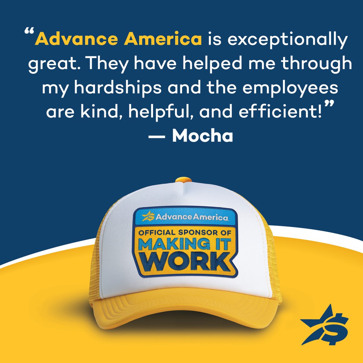Thank you, Mocha, for trusting us and for the kind words about our team!

This is what it's all about. 💛 We're here to help you #makeitwork

See for yourself why our customers love us! Visit AdvanceAmerica.net today.
