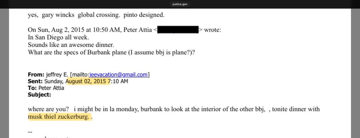 jimstewartson's tweet image. This meeting hasn’t gotten enough attention.

Six weeks after his friend Donald Trump announced in 2015, convicted child rapist Jeffrey Epstein told Peter Attia—who Bari Weiss just hired at CBS—that Epstein had dinner with Elon Musk, Peter Thiel &amp;amp; Mark Zuckerberg.

Facebook was…