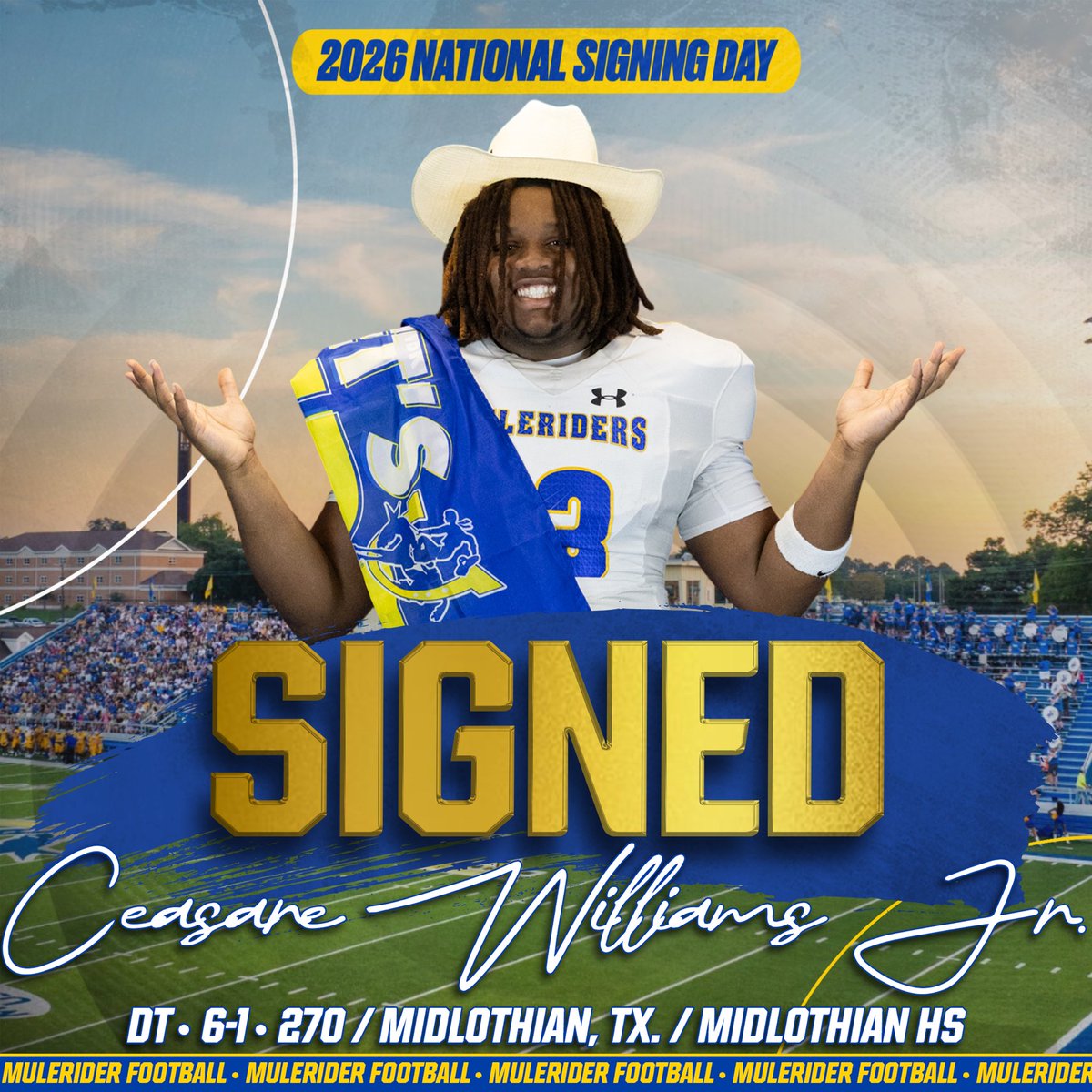 MuleriderSports's tweet photo. ✍️ 𝑻𝒊𝒎𝒆 𝒕𝒐 𝑹𝑰𝑫𝑬, Ceasare Williams Jr. 😤

🏈 DT | 6-1 | 270
📍 Midlothian, TX
🏫 Midlothian HS 

#GoMuleriders | #LetsRide | #NSD26 https://t.co/EL5idONNkj