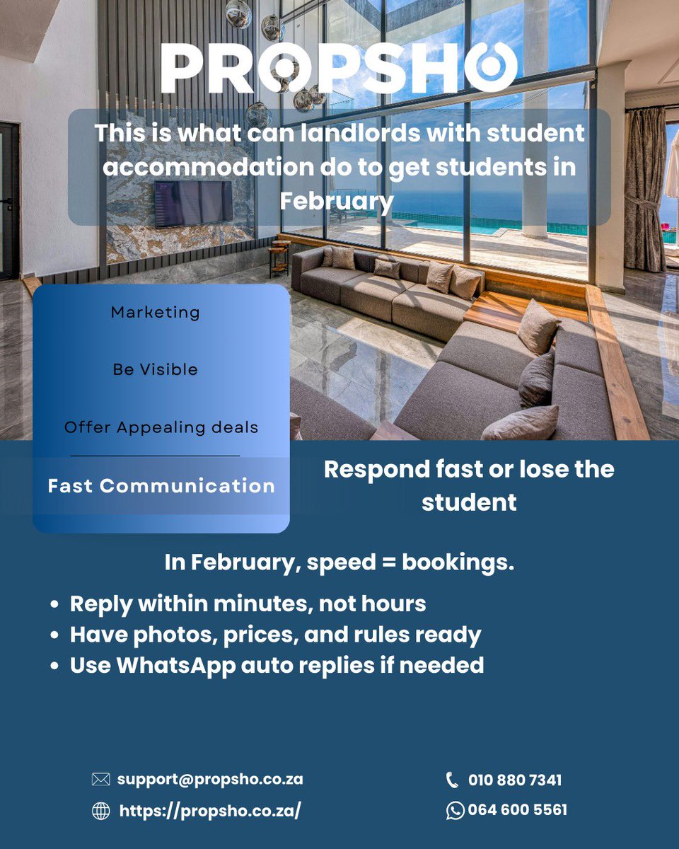 PropSho's tweet photo. February is crunch time for student accommodation, the late deciders, NSFAS delays, rejected placementsโฆ all of that works in your favor if you move fast.
Visit: https://t.co/jhYZxMGanI
#PropertySA #GautengProperty #johannesburg #UniversityOfJohannesburg #realestate https://t.co/wFCPPwj2XF