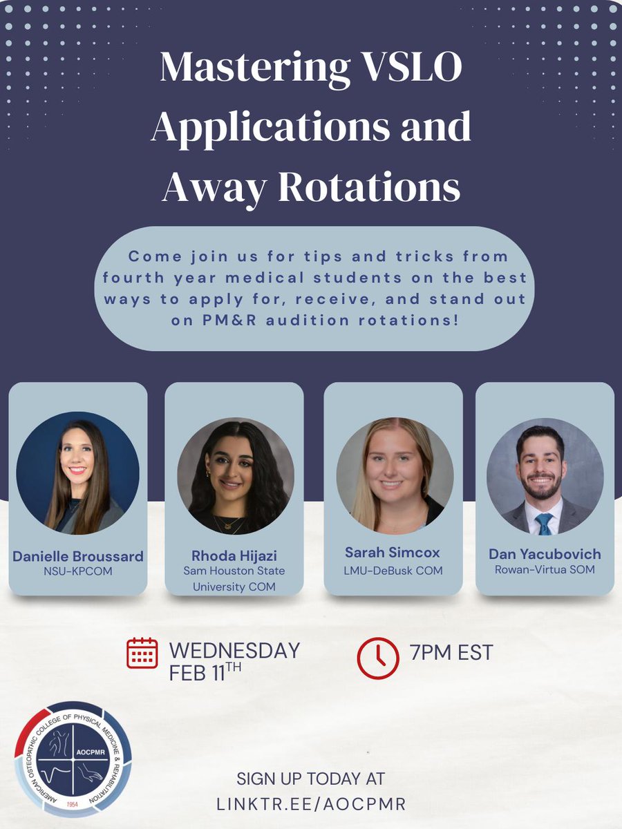 Join us for our VSLO Panel on February 11 at 7 PM EST!
Learn tips and tricks from 4th-year medical students on how to apply, succeed, and stand out on PM&amp;R audition rotations 🩺✨

#AOCPMR #PMR