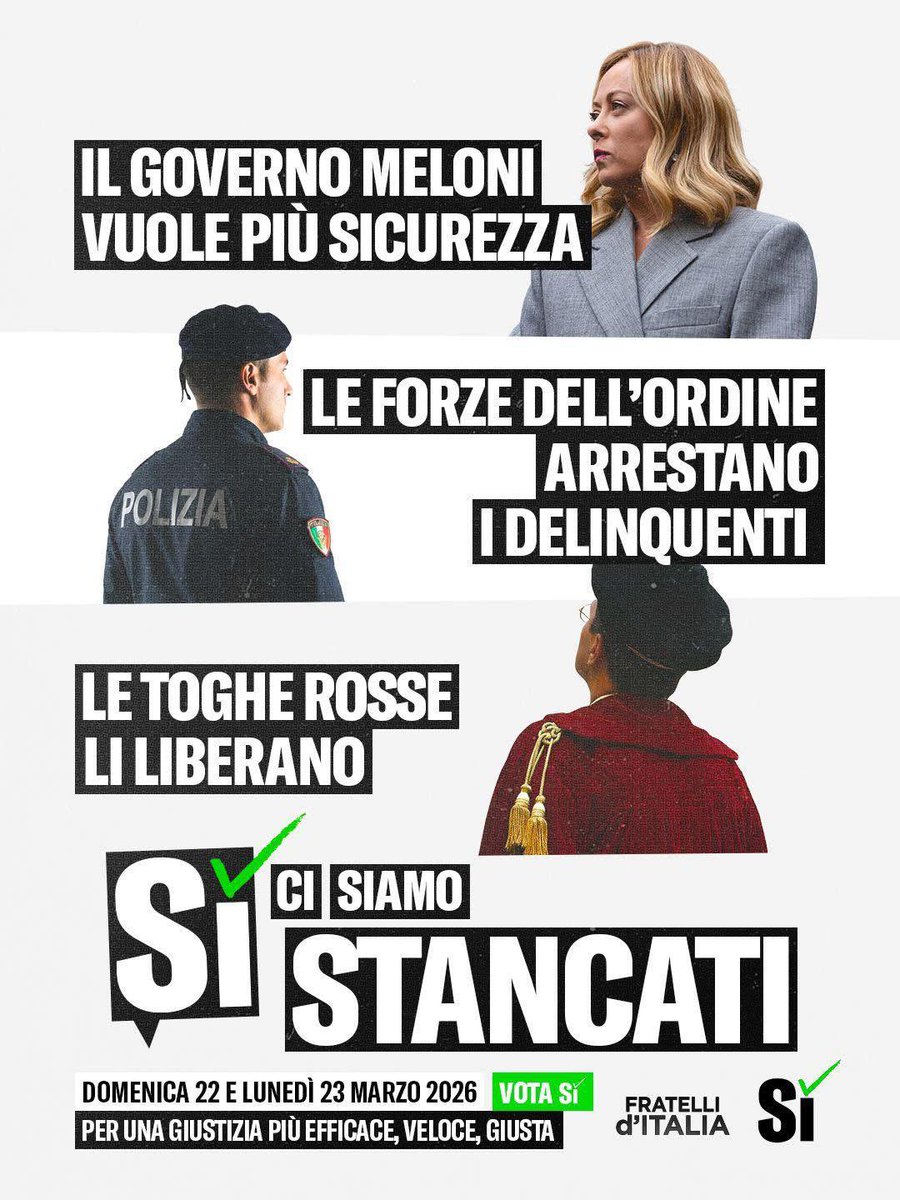 Il Governo pensa alla sicurezza degli italiani, le forze dell’ordine sbattono dentro i delinquenti e certa magistratura li libera.

Sì, cambiamola subito.
#ReferendumGiustizia