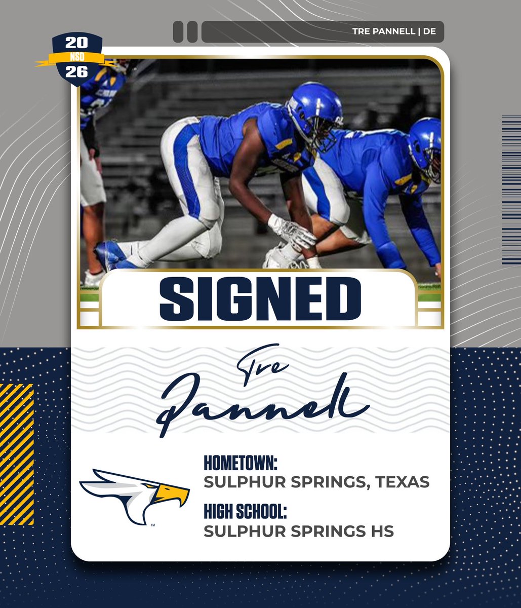 TAMUT_football's tweet photo. 𝐈𝐓’𝐒 𝐎𝐅𝐅𝐈𝐂𝐈𝐀𝐋. ✍️

Welcome to the Nest, Tre Pannell

#Riseup26 | #SoarEagles https://t.co/dlDxm4hhUq