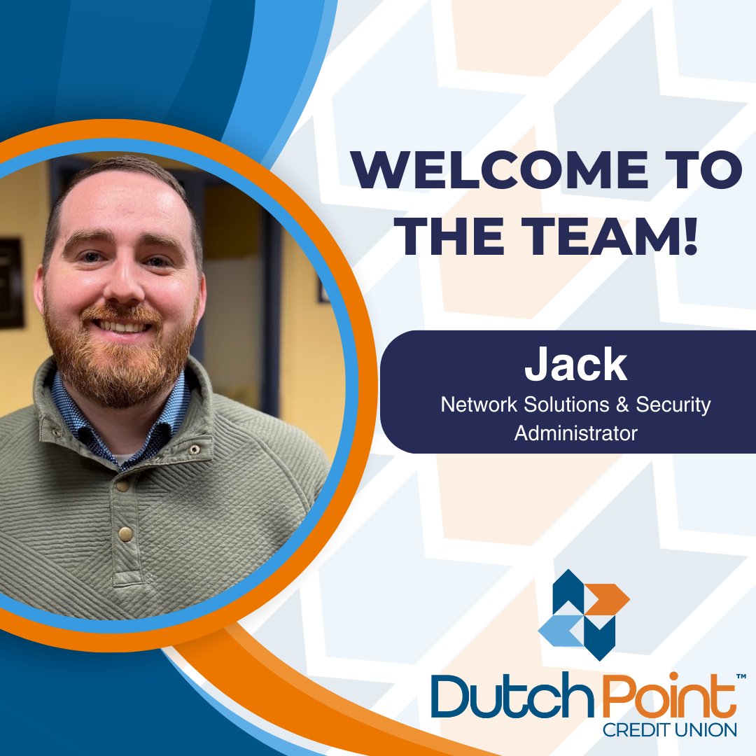 DutchPointCU's tweet image. Please join us in welcoming Jack to the team as our new Network Solutions &amp;amp; Security Administrator! His work helps keep everything running smoothly and securely behind the scenes — an essential part of serving our members and communities every day.
#TeamDutchPoint #DutchPointCU