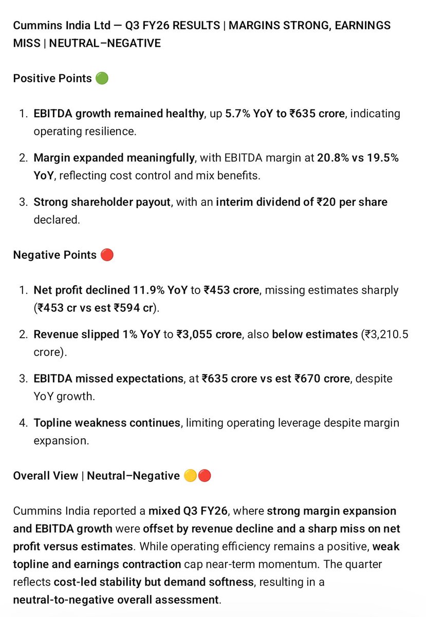 SmarTradingA's tweet image. Cummins India Ltd — Q3FY26 Results (Neutral - Negetive 🟡🔴)

#Cummins #CUMMINSIND