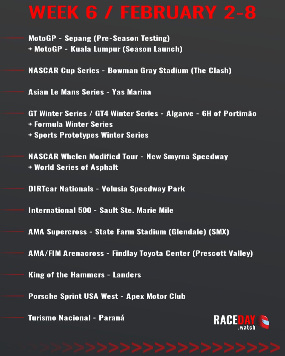 racedaywatch's tweet photo. Weekly Preview in Motorsports - Week 6 on RaceDay!
๐ฒ๐พ#MotoGP #SepangTest
๐บ๐ธ#NASCAR #CookOutClash
๐ฆ๐ช#AsianLeMans
๐ต๐น#WinterSeries
๐บ๐ธ#NWMT
๐บ๐ธ#SupercrossLIVE #SMX #Glendale
๐บ๐ธ#Arenacross
๐บ๐ธ#KOH2026
๐ฆ๐ท#TNenParanรก https://t.co/HpwCDUxzpj