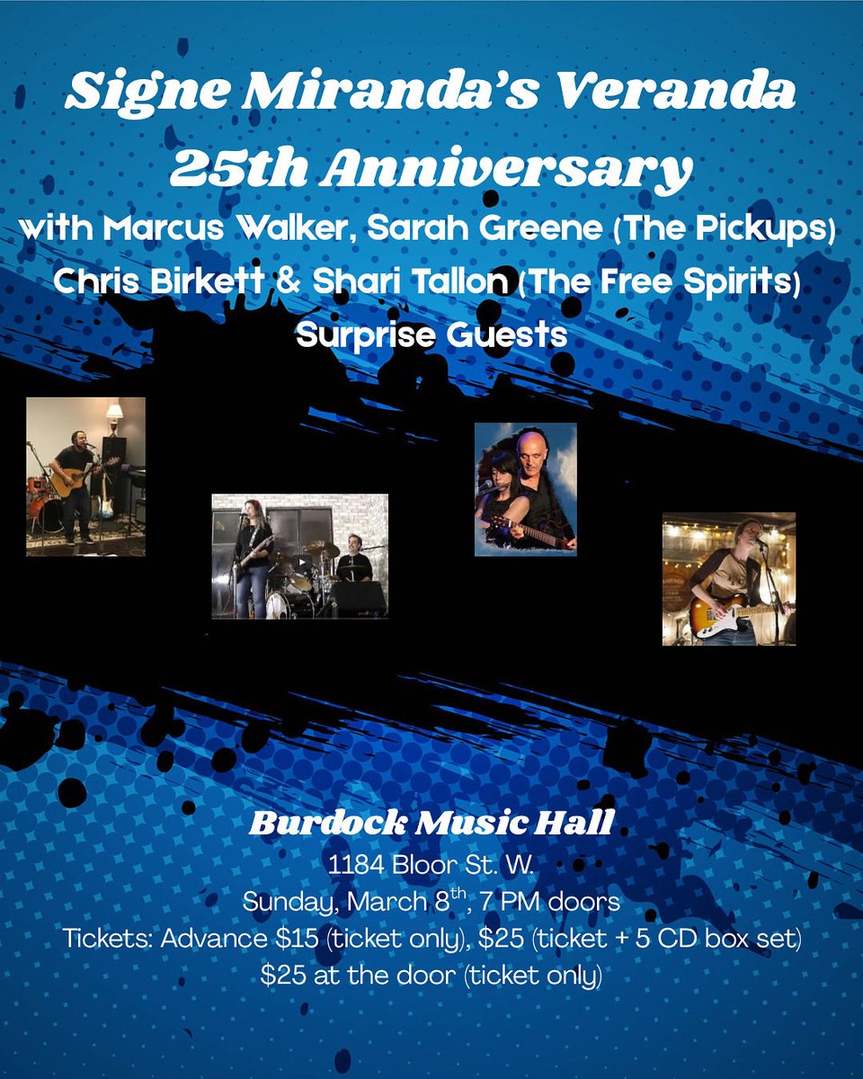Signe Miranda’s Veranda 25th Anniversary Show, Burdock Music with Marcus Walker, Sarah Greene, Shari Tallon &amp; Chris Birkett (The Free Spirits) and Surprise Guests

Sunday, March 8th, 7 PM doors, 7:30 PM show

Get tickets discount in advance here:

showpass.com/signe-mirandas…