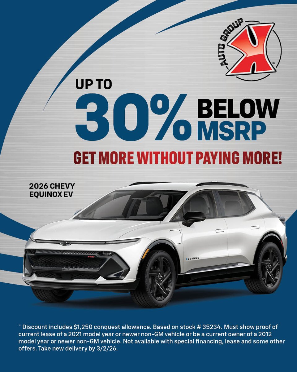 KarlAutoGroup's tweet image. Get more without paying more — score up to 30% off MSRP on the 2026 Equinox EV and electrify your drive for less. ⚡
Shop EV inventory: bit.ly/4ruuNoD