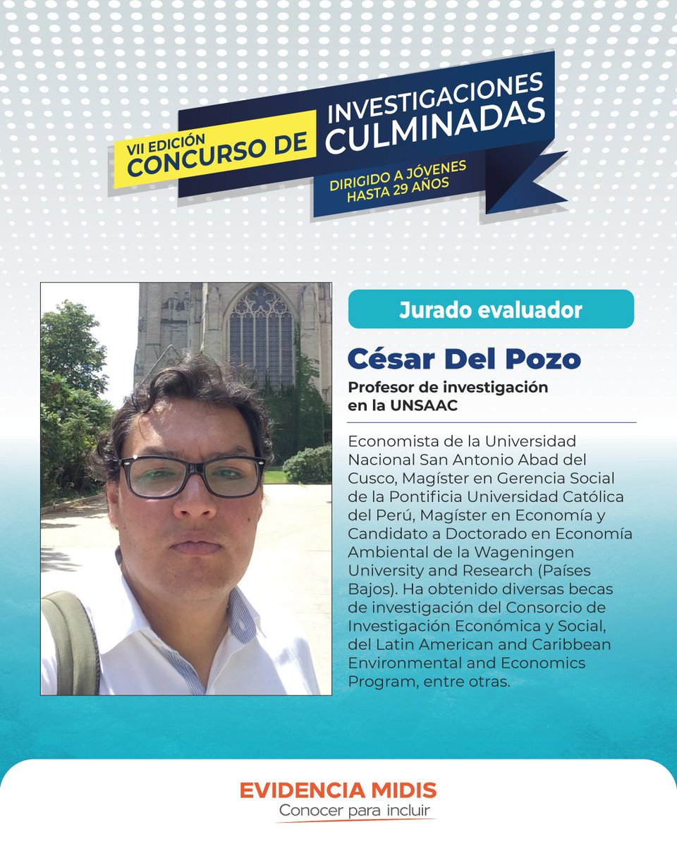 EvidenciaMidis's tweet photo. 📊 Economía ambiental, comportamiento y turismo | Concurso de Investigaciones Culminadas para Jóvenes

Conoce a César Del Pozo, jurado evaluador del concurso. 

🗓️ Cierre de postulaciones: 28 de febrero de 2026

👉🏼 Conoce más y postula aquí:
https://t.co/1lxzcN8Bqf https://t.co/r5Nm1Pwf3x