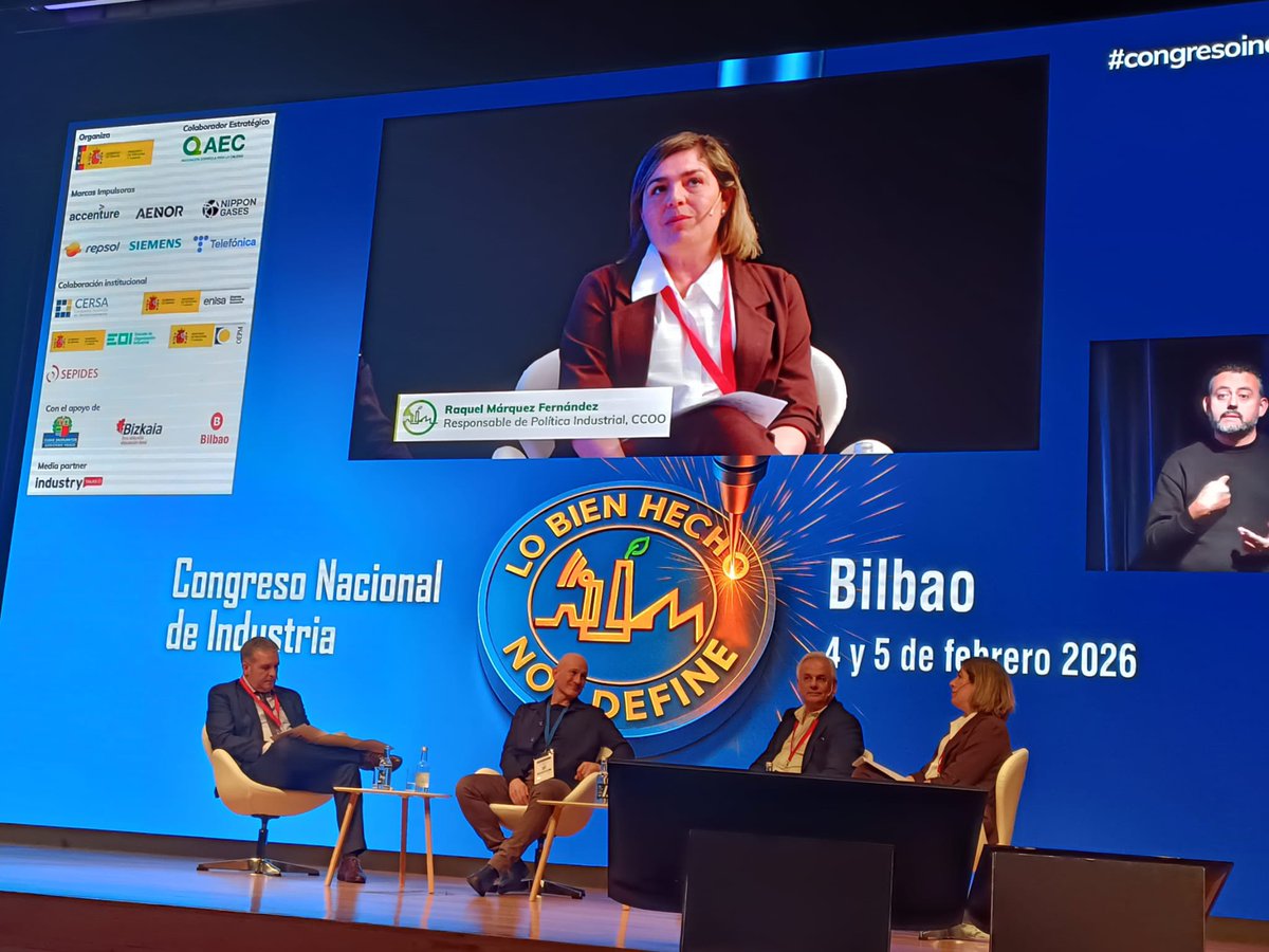 🗣️Nuestra secretaria de Política Industrial, Raquel Márquez, está interviniendo en el Congreso Nacional de Industria, en la mesa “Personas, Territorios y Competitividad: la reindustrialización desde la base”, defendiendo una industria sostenible con empleo de calidad.