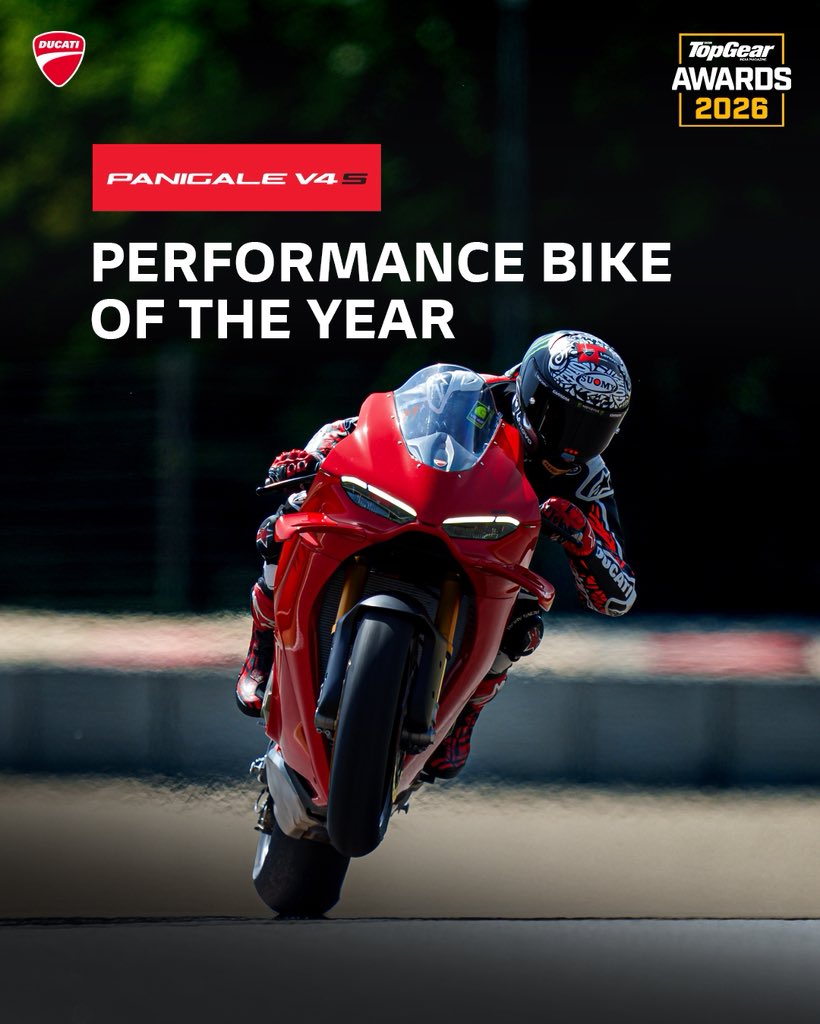 Ducati_India's tweet photo. Our pursuit of perfection, recognised at the BBC TopGear India Awards 2026.
Panigale V4 S wins the TopGear 2026 Performance Bike of the Year Award.
#TopGearIndiaAwards2026Β #TGAwardsIndia #PanigaleV4SΒ #DucatiIndiaΒ #RideRed https://t.co/WVG0FxWPQo