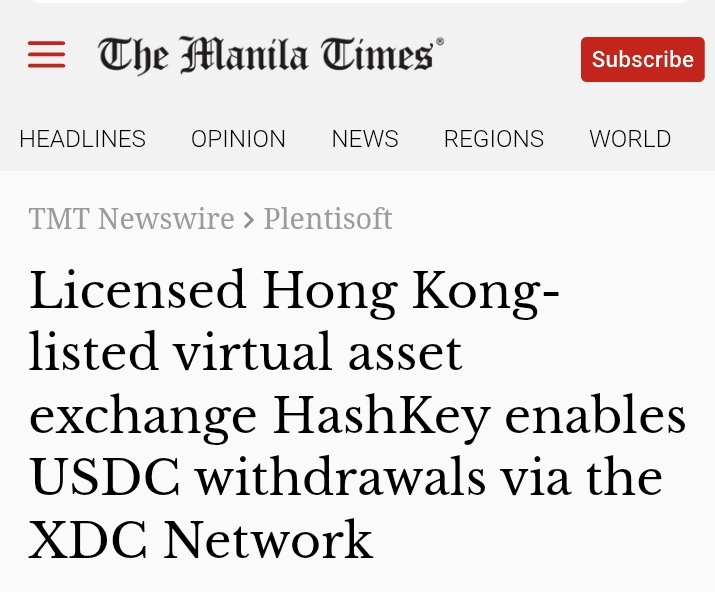 Big win for #XDC 🚀

Hong Kong licensed exchange HashKey now supports $USDC withdrawals on the #XDCNetwork, enabling faster, low cost, and compliant #Stablecoins transfers. 

A strong step toward real world adoption.
Read more 👇
manilatimes.net/2026/02/03/tmt…

<a href="/XDCNetwork/">XDC Network</a> #XDC <a href="/USDC/">USDC</a>