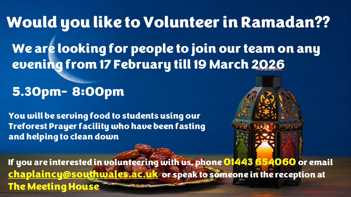 USWChaplaincy's tweet photo. Would you like to Volunteer in Ramadan??​​
Hoffech chwi wirfoddoli yn Ramadan?? https://t.co/paKghHvkIX
