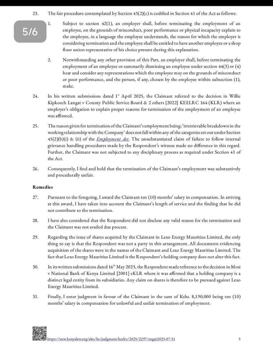 Lexo Energy Kenya Limited has been ordered to pay KSh 8.19 million for unlawfully firing its former Head of Retail, because their working relationship had “irretrievably broken down ”

The Court found that Maundu was summarily dismissed in March 2024 on the vague excuse of an