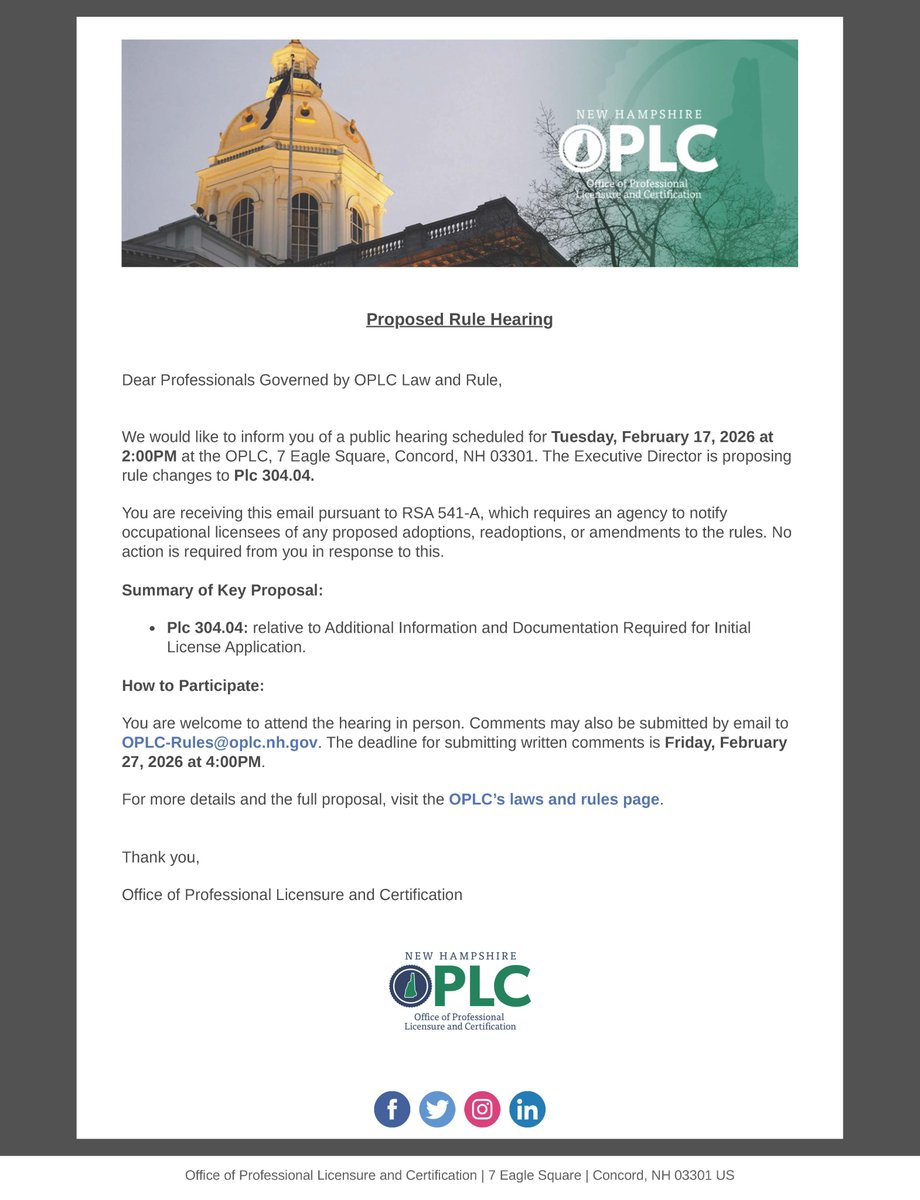 The Executive Director will be holding a proposed rule hearing on Plc 304.04. For more information, please visit: oplc.nh.gov/oplc-laws-and-…